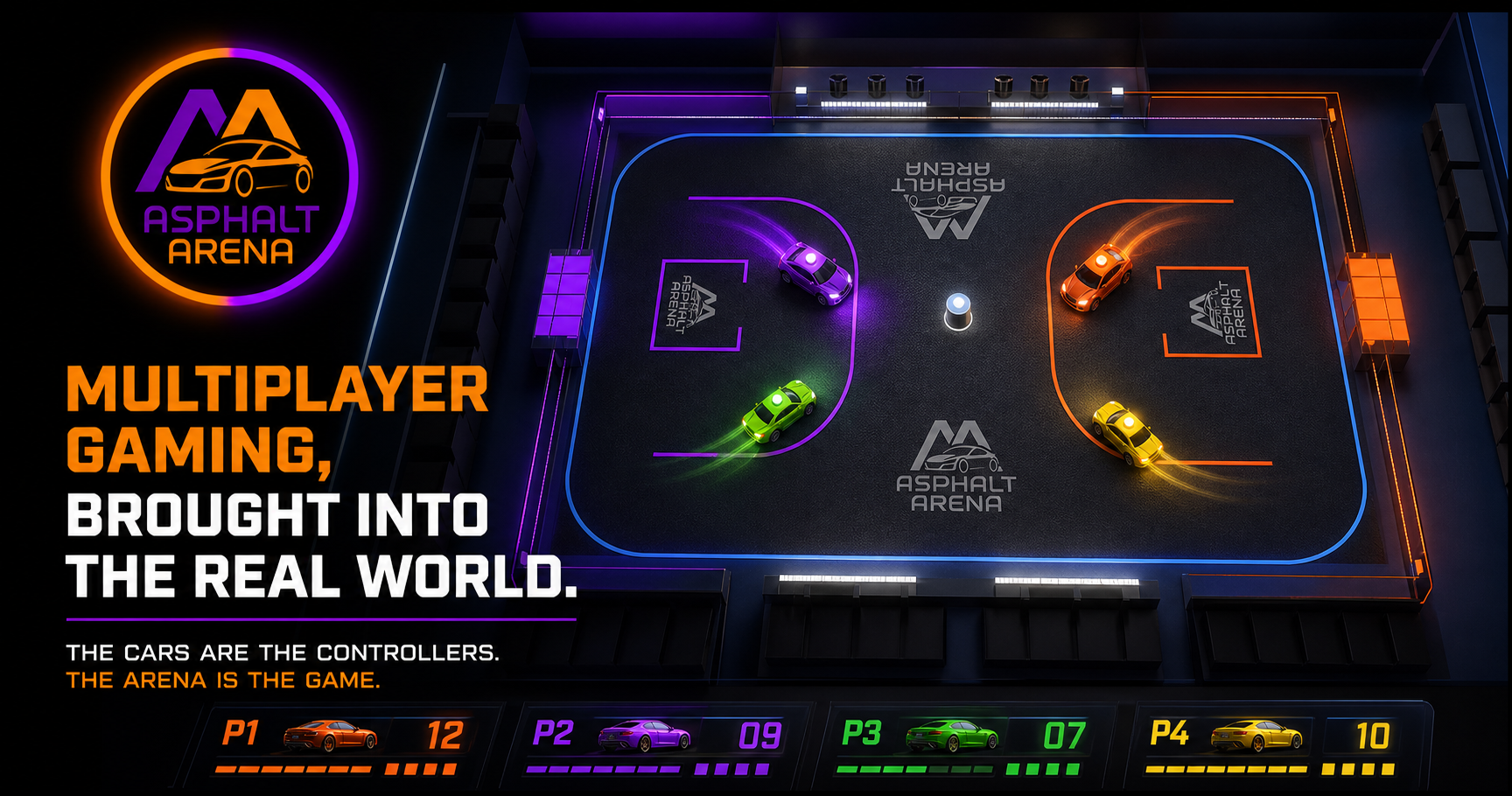 Asphalt Arena artwork showing orange, purple, green and yellow cars playing in the illuminated physical arena